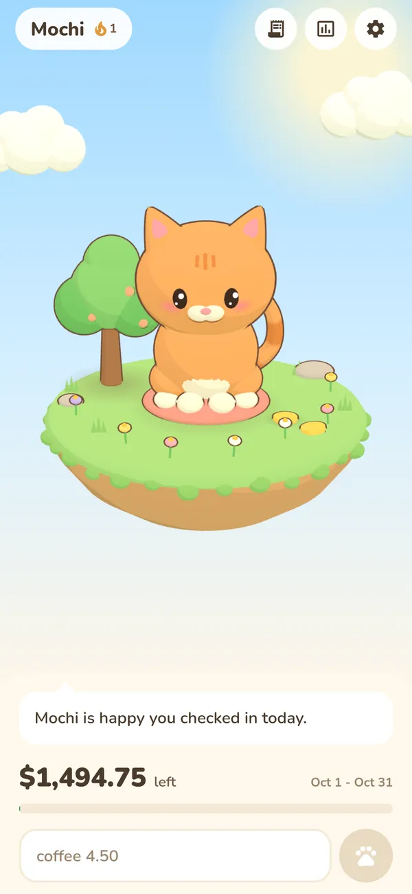 Home screen: a ginger cat on a small island above what is left of your budget